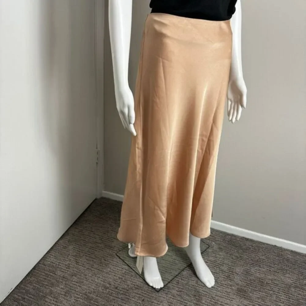 Commense Creamy Cappuccino Satin Midi Skirt with Side Slit Flowy A-Line Design L